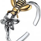 NoFade Retro Sterling Silver Cute Bee And Flower Knuckle Ring Oxidized Ring For