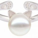 S.Leaf Cat Ear Ring White Pearl Cat Ring S925 Sterling Silver Open Ring