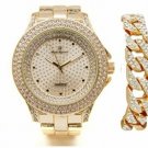 Hip Hop Four Rows Of Bling On Watch Trim - Gold Mens Watch With Ice'd Out Cuban
