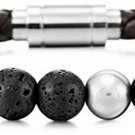 MOWOM Silver Tone Brown Stainless Steel Genuine Leather Energy Bracelet Lava