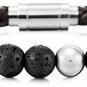MOWOM Silver Tone Brown Stainless Steel Genuine Leather Energy Bracelet Lava