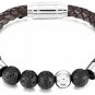 MOWOM Silver Tone Brown Stainless Steel Genuine Leather Energy Bracelet Lava