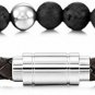 MOWOM Silver Tone Brown Stainless Steel Genuine Leather Energy Bracelet Lava