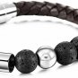 MOWOM Silver Tone Brown Stainless Steel Genuine Leather Energy Bracelet Lava