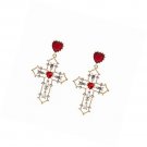 Gold Cross Drop Earrings with Heart Shape Red Crystal Studs Dancing