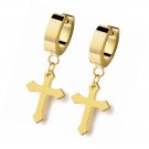 Pair of Gold Huggie Hinged Hoop Earrings with Cross Unisex Men Women