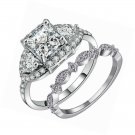 2PCS  18K White Gold Plated Princess Triple CZ Engagement Wedding Band Set