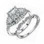 2PCS 18K White Gold Plated Princess Triple CZ Engagement Wedding Band Set