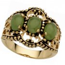 18K Yellow Gold Plated Antiqued Oval Shaped Genuine Green Jade 3 Stone Ring