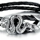 Global Huntress Black Double Braided Serpentine Genuine Leather Bracelet With