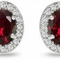 Sterling Silver Simulated Ruby And White Topaz Oval Halo Stud Earrings With