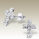 Tiny Cross Silver Earrings White Clear Crystals Sterling Silver 925 (E16467)