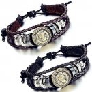 Flongo 2PCS Men's Women's Alloy Black And Brown Leather Bracelet Bangle Cuff