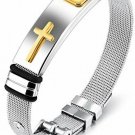 LineAve Men's Stainless Steel Cross Adjustable Length Mesh Bracelet, Gold