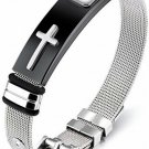LineAve Men's Stainless Steel Cross Adjustable Length Mesh Bracelet, Black