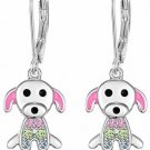 Kids Earrings - 925 Sterling Silver With A White Gold Tone Pink Enamel And Dog