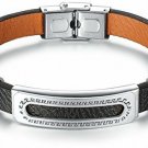 Aoiy Men's Stainless Steel Greek Key And Black Leather Bracelet, Ggb012yi