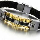 Men's Punk Bracelet Genuine Leather Wristband Carbon Fiber Stainless Steel For