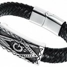 Cupimatch Cool Mens Stainless Steel Masonic Freemason Leather Bracelet Cuff 8.3