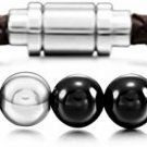 MOWOM Silver Tone Brown Stainless Steel Genuine Leather Energy Bracelet Black
