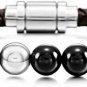 MOWOM Silver Tone Brown Stainless Steel Genuine Leather Energy Bracelet Black