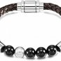 MOWOM Silver Tone Brown Stainless Steel Genuine Leather Energy Bracelet Black