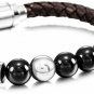 MOWOM Silver Tone Brown Stainless Steel Genuine Leather Energy Bracelet Black