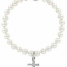 925 Sterling Silver White Simulated Pearl Baby Girl Bracelet Cross 5
