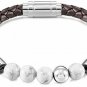 MOWOM Silver Tone Brown Stainless Steel Genuine Leather Energy Bracelet Clasp