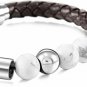 MOWOM Silver Tone Brown Stainless Steel Genuine Leather Energy Bracelet Clasp
