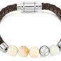 MOWOM Silver Tone Brown Stainless Steel Genuine Leather Energy Bracelet Stone