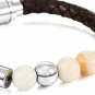 MOWOM Silver Tone Brown Stainless Steel Genuine Leather Energy Bracelet Stone