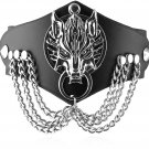 HZMAN Gothic Biker Mens Metal Link Wolf Head Bracelet Wide Genuine Leather Cuff