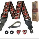 Guitar Strap Embroidered Red Vintage Woven W/FREE BONUS- 2 Picks + Strap Locks