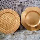 2 BEAUTIFUL GOLD DECORATIVE PLASTIC CHARGER PLATES ***SO PRETTY****