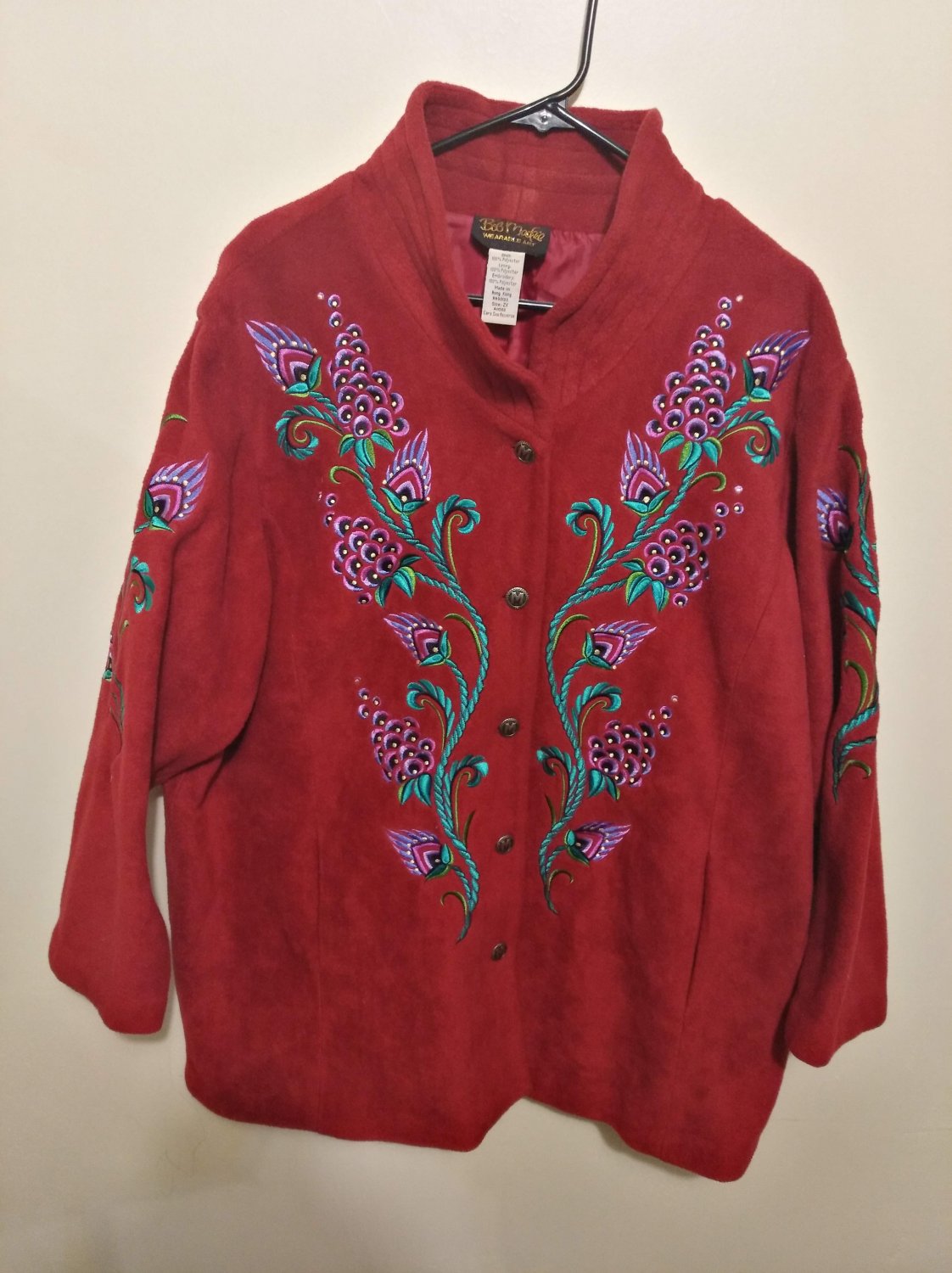 Vintage BOB MACKIE 2X Wearable Art Floral Red Fleece Jacket Coat /Ugly ...
