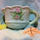 Charming White Creamer with Pink Flowers and A Green Handle