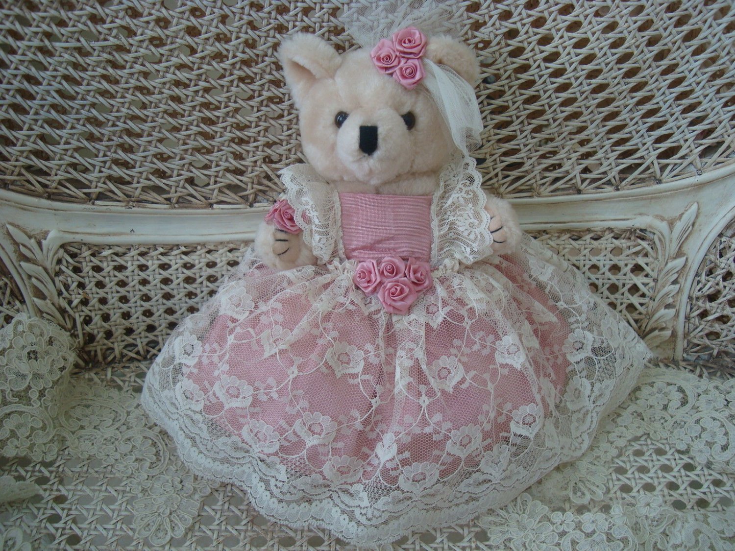 Beautiful Vintage 12 Tall Teddy Bear With Lace Dress And Rose Accents