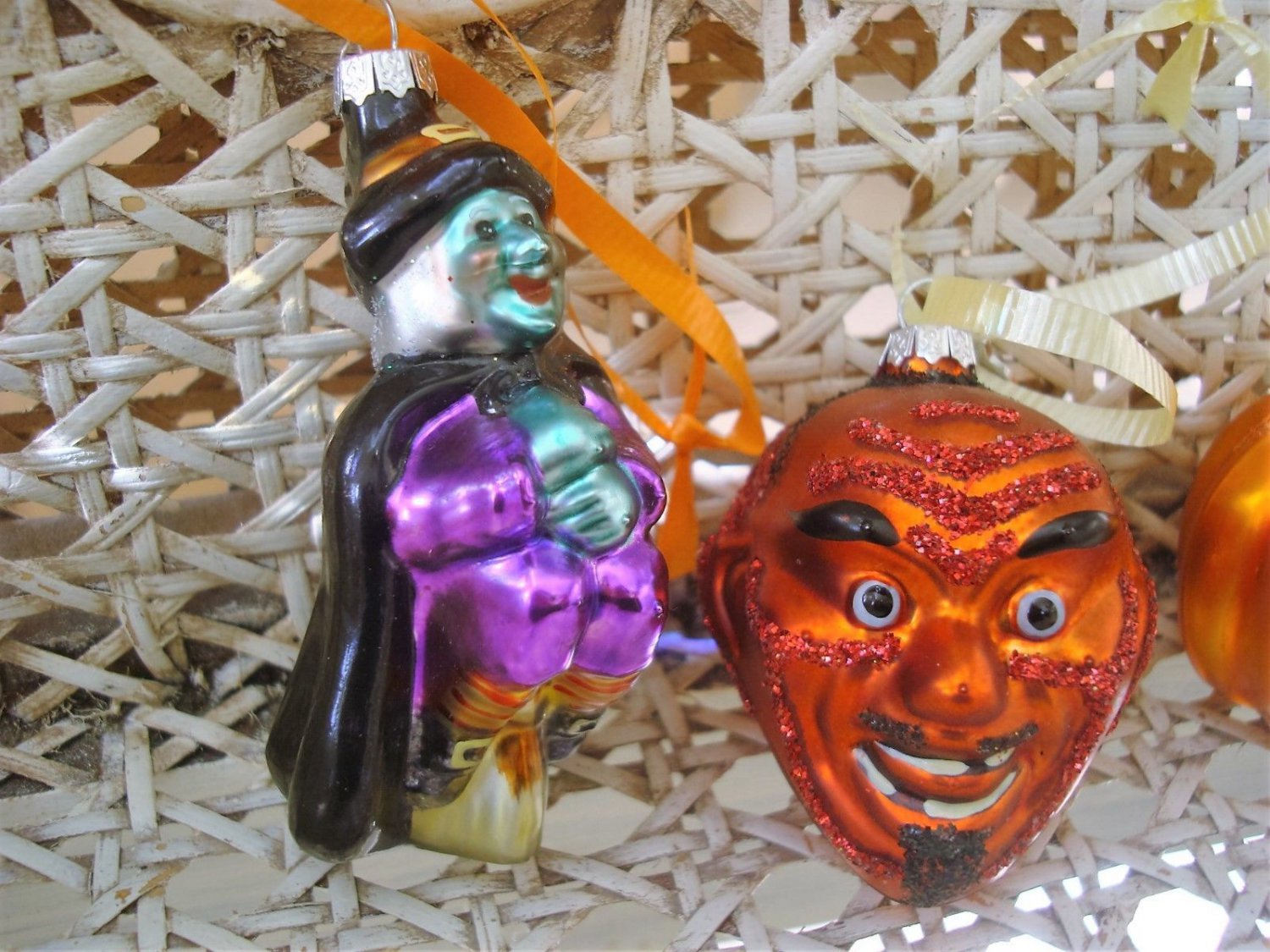 4 BLOWN GLASS HALLOWEEN ORNAMENTS PUMPKIN, CANDY CORN WITCH & DEVIL