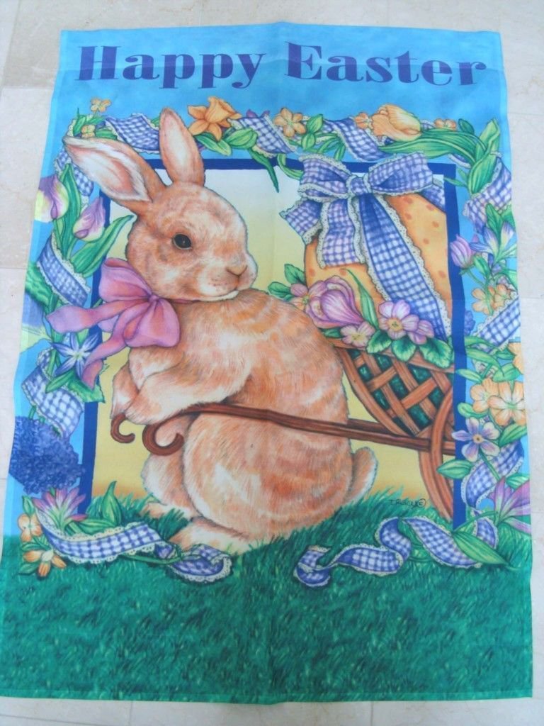 GORGEOUS EASTER BUNNY WITH EGG CART DECORATIVE FLAG *NEW*