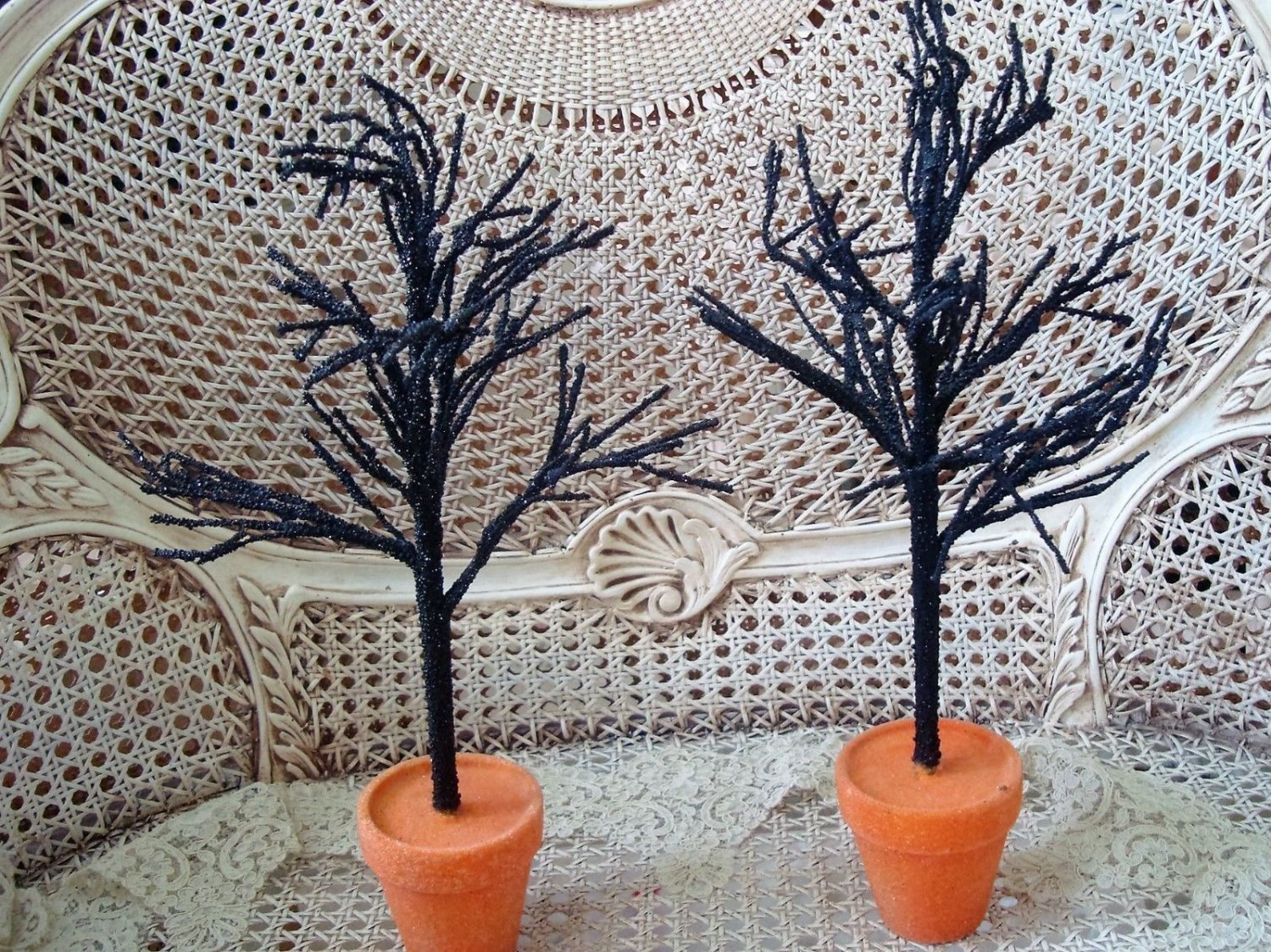 SET OF 2 FABULOUS BLACK WITH ORANGE POTS CREEPY HALLOWEEN TREES
