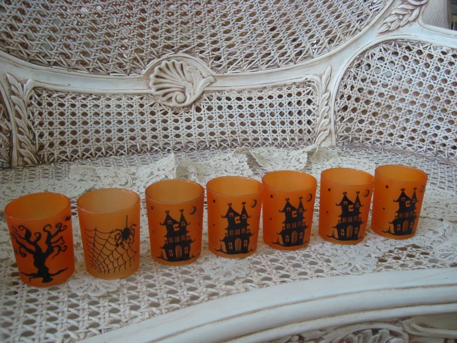 7 HALLOWEEN VOTIVE CANDLE HOLDERS HAUNTED HOUSE, SPIDER, TREE **SO CUTE**