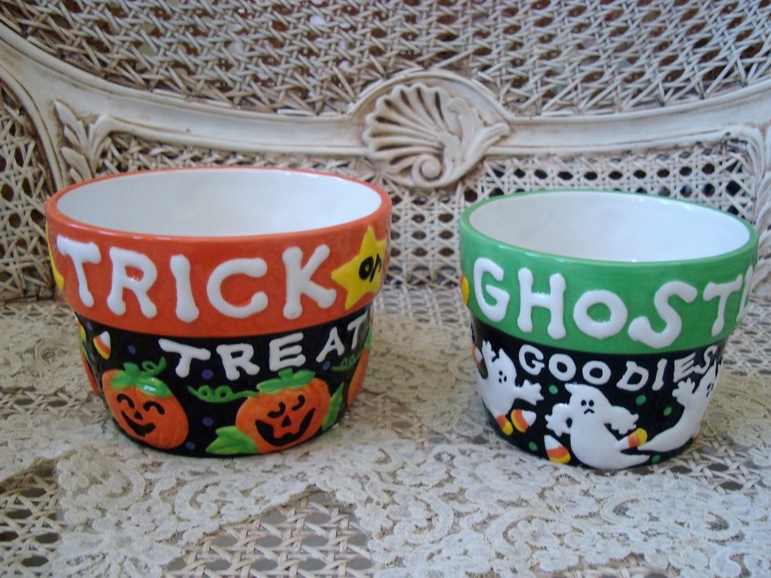 2 HALLOWEEN CERAMIC POTS WITH PUMPKINS GHOSTS CANDY CORN **SO CUTE**