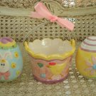 EASTER DECOR ONE EASTER CHICK BASKET & 2 GLASS EGGS WITH FLOWERS & BUNNIES