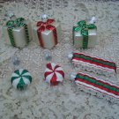 7 HALLMARK CHRISTMAS ORNAMENTS PEPPERMINT CANDY, PRESENTS & RIBBON CANDY *CUTE*