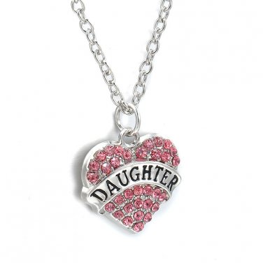 Daughter Silver  Clear Pink Crystal Heart Necklace