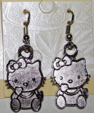 full body Sterling Silver Ear Wire w/Tibetan Silver Hello Kitty Charm Dangle Drop Earrings