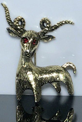 Ruby-eyed Fire Goat Brass Brooch with Twisted Horns - Clean in Excellent Shape