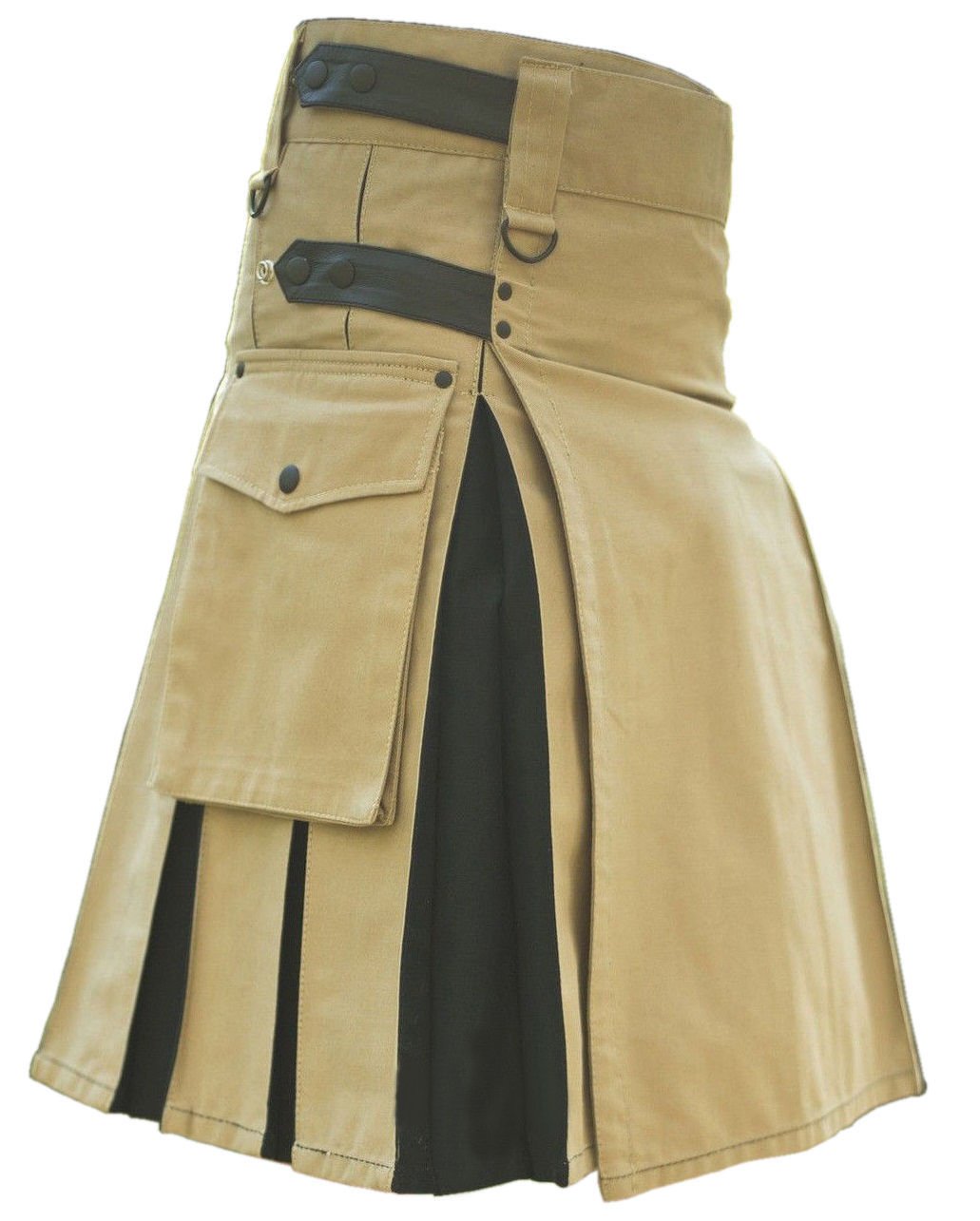 New DC Handmade Black & khaki Cotton Utility Style Hybrid Kilt for Men with Leather straps size 48