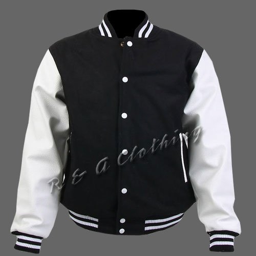 New R & A Black and White varsity jacket with Long Leather Sleeves size s